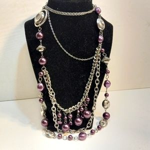 Silvertone and purple bead necklace